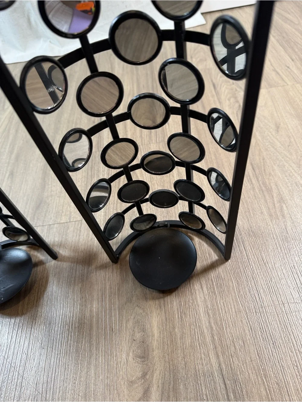 Black Metal &  Circle Mirror Frame Candle Holders - Pair